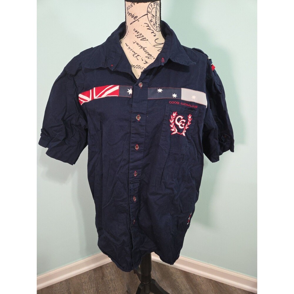 Coogi Australia Mens Button-Up Shirt blue Short Sleeve Pockets xl logo Vintage